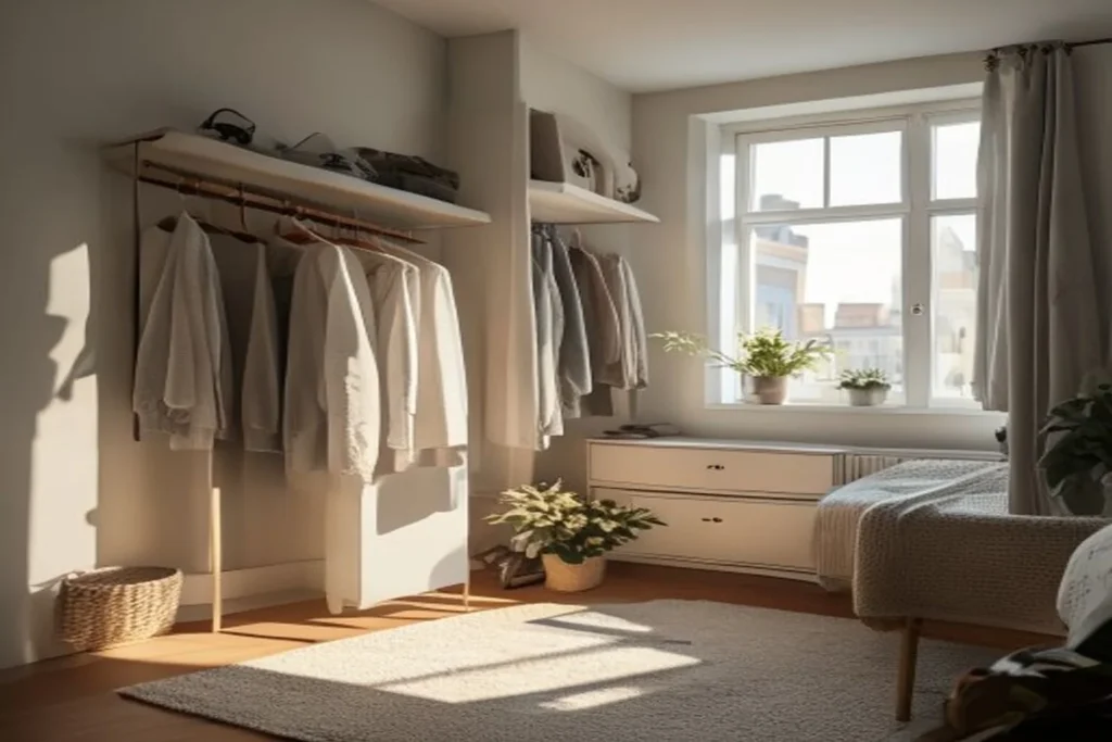 Minimalist closet with a small curated wardrobe of neutral-colored clothing