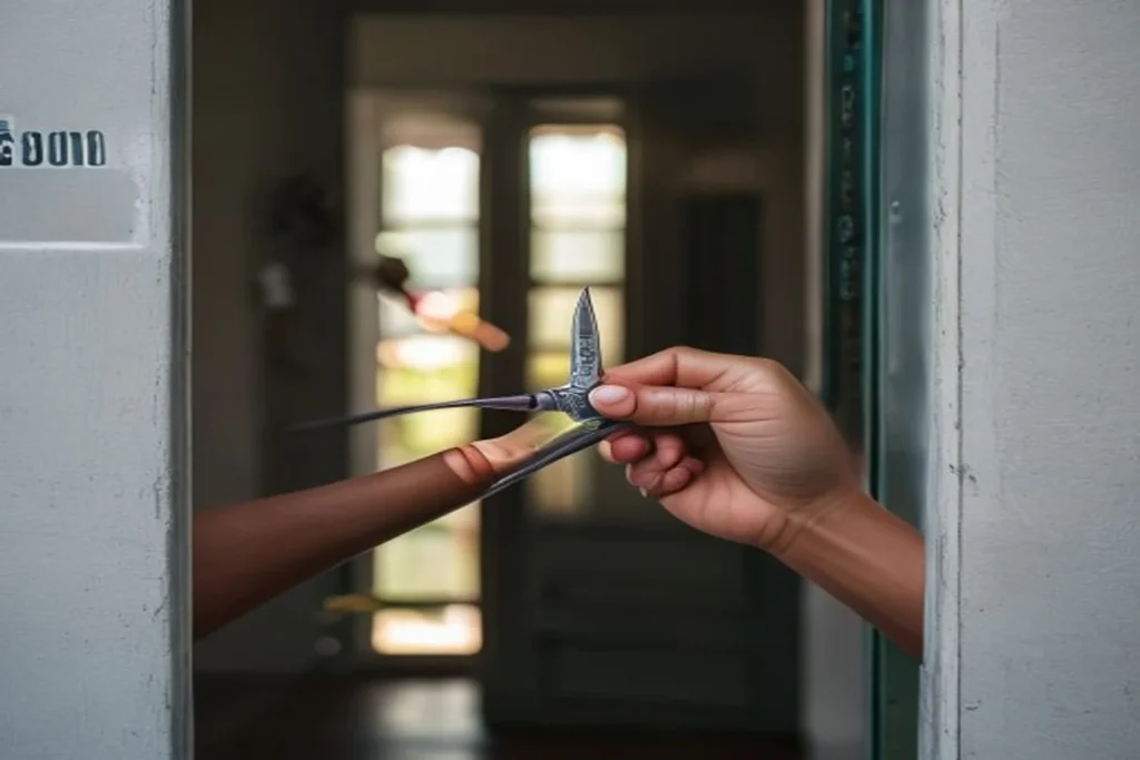 Interior door handle being tightened with a screwdriver