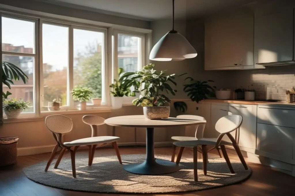 Small apartment dining area with folding table and two chairs, cozy setup