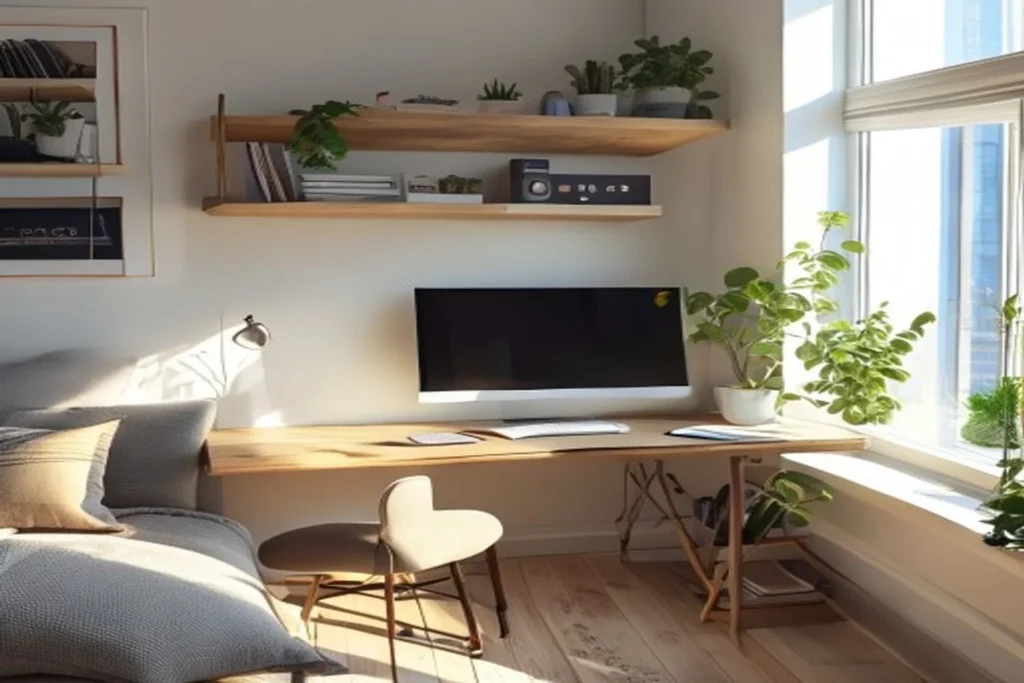 Compact home office corner with floating desk, monitor and organized accessories