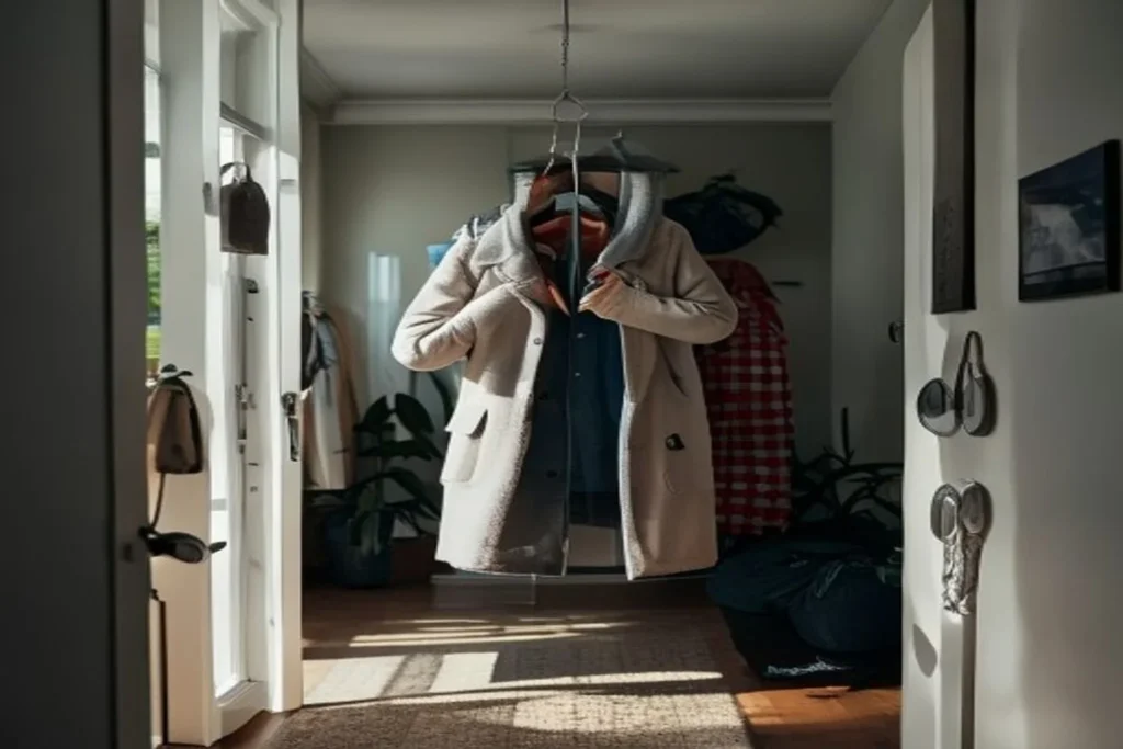 Person immediately hanging up coat upon arrival home rather than leaving it on the couch