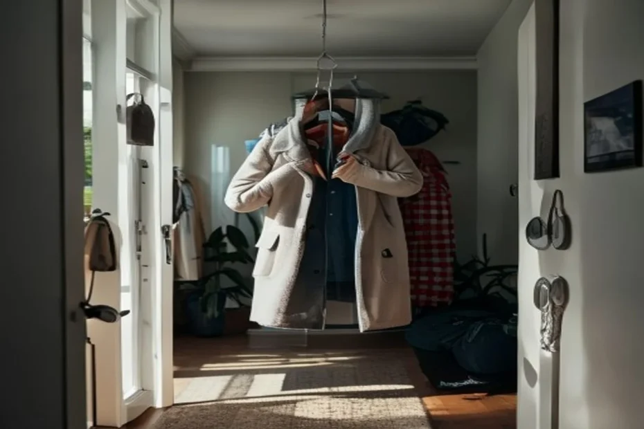 Person immediately hanging up coat upon arrival home rather than leaving it on the couch