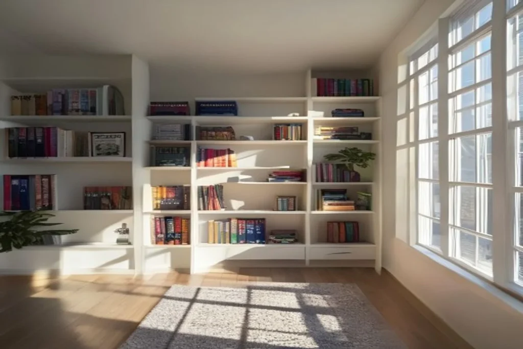 Open shelving in apartment with organized visible storage in matching containers
