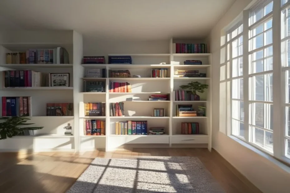 Open shelving in apartment with organized visible storage in matching containers
