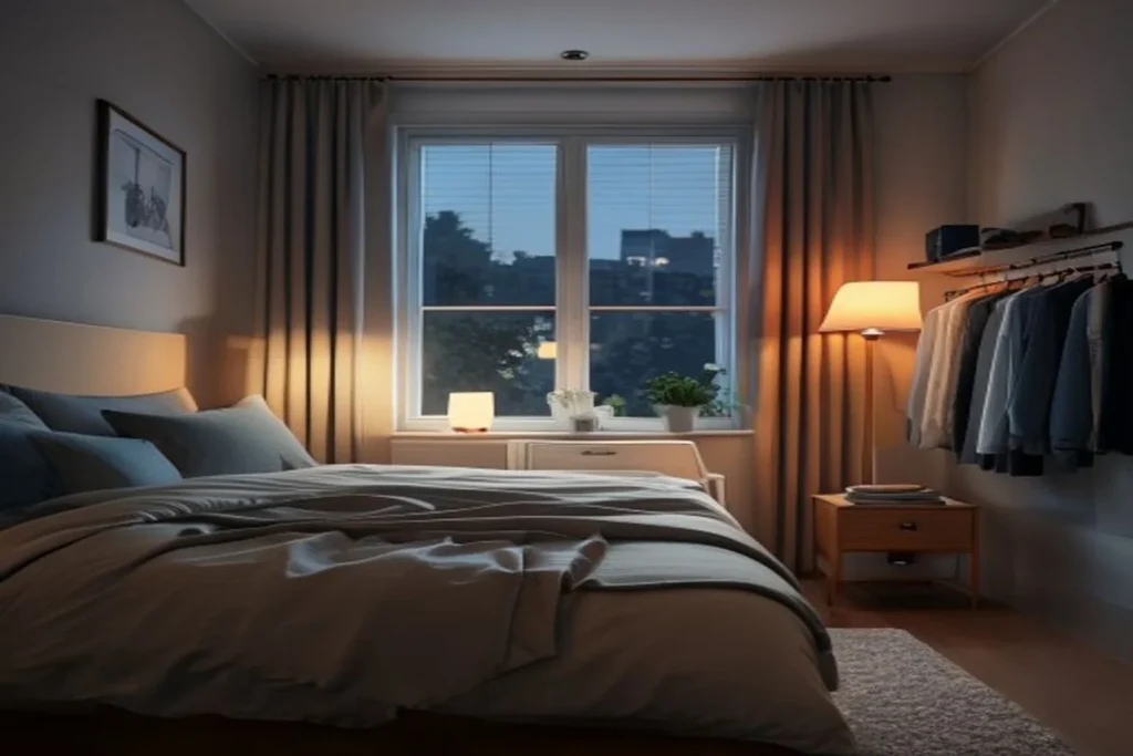 Tidy apartment bedroom in the evening with made bed, clear nightstand, and tomorrow's outfit laid out, warm lamp light