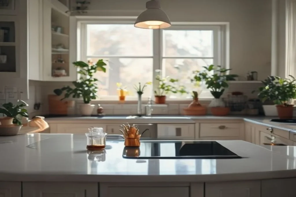 Clean empty kitchen counter with only oil salt and pepper, minimal apartment kitchen with intentional empty surfaces
