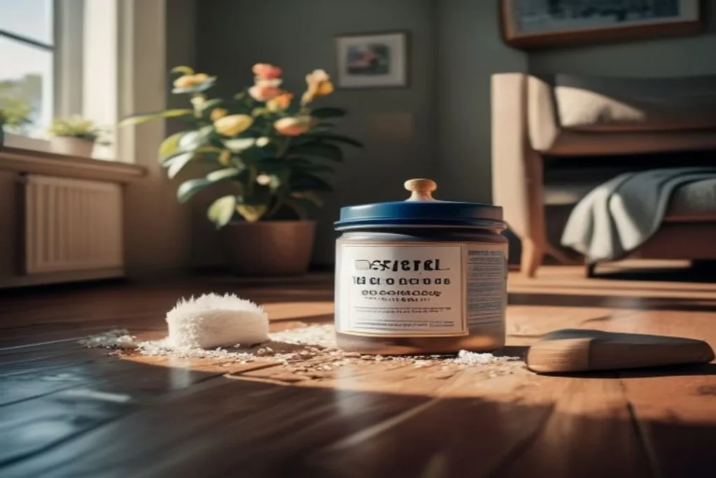 Hardwood floor with talcum powder container and soft brush for fixing squeaky floorboards in rental apartment