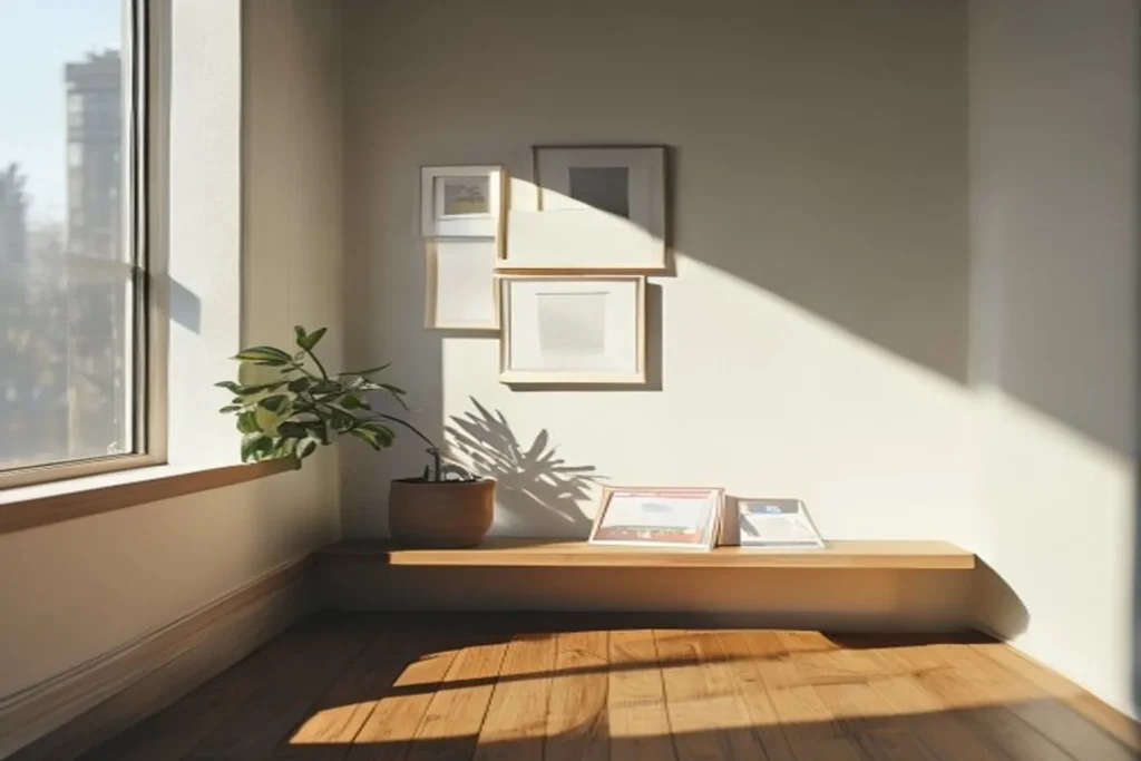 Three small frames hung in a tidy row on a plain white wall, with adhesive picture strips and a level resting on a low shelf below