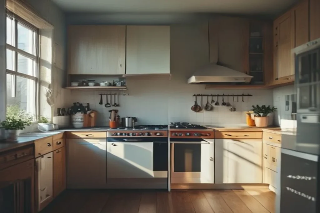 Clean organized apartment kitchen counter with clear surfaces and empty sink, fresh and minimal aesthetic