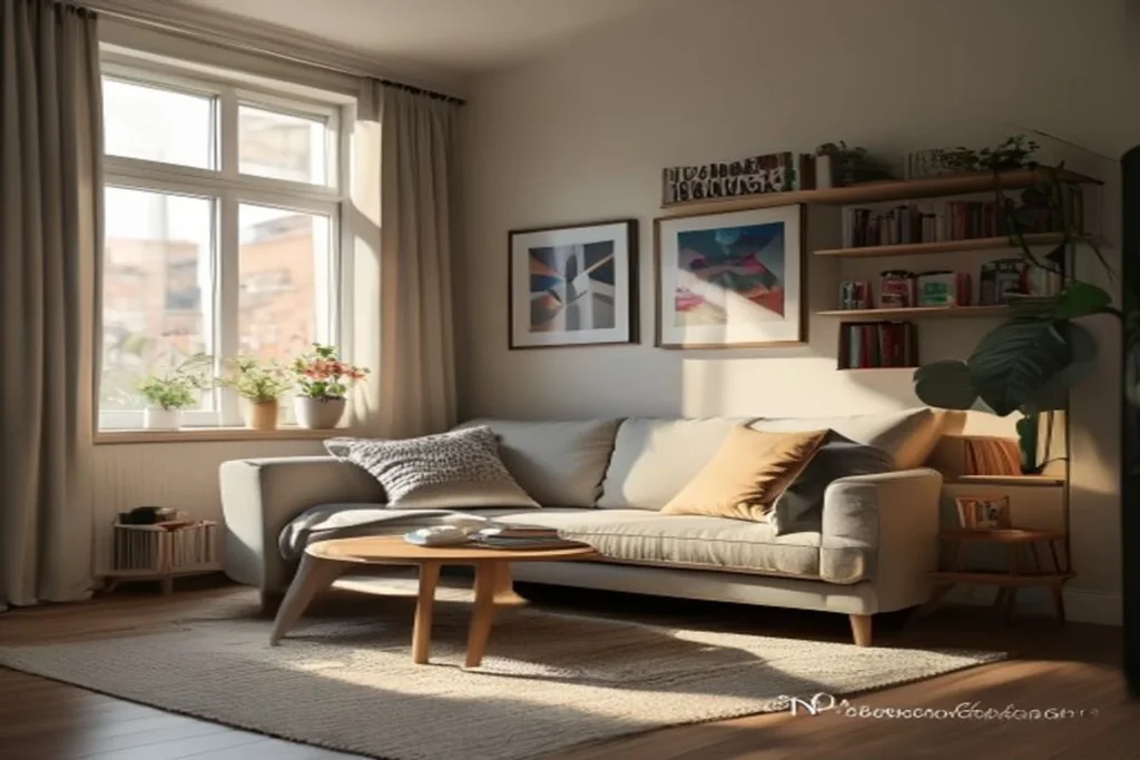 Shared apartment living room with different styles blending through neutral base and personal accent pieces