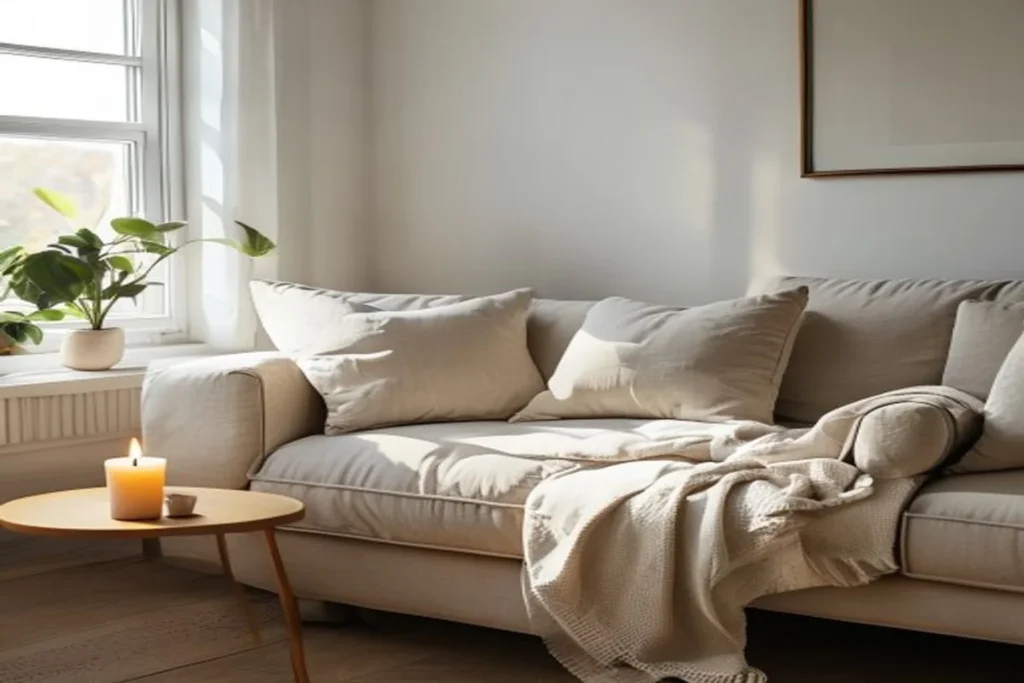 Tidy minimalist living room corner with beige sofa, fluffed pillows and folded throw blanket, neutral palette and soft window light