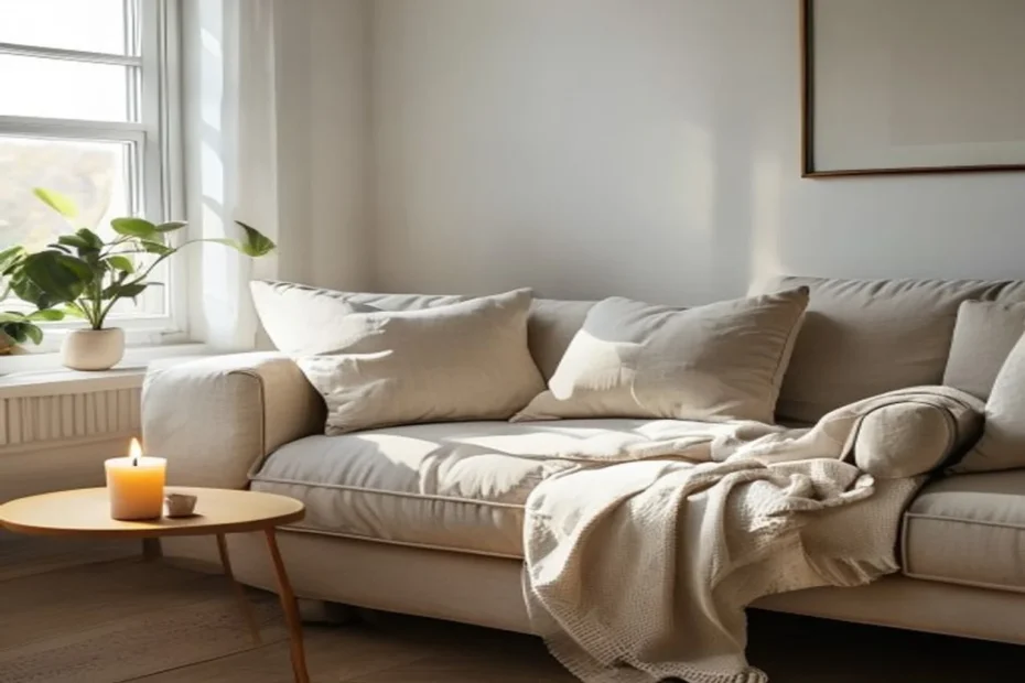 Tidy minimalist living room corner with beige sofa, fluffed pillows and folded throw blanket, neutral palette and soft window light