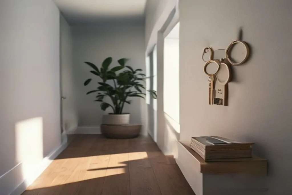 Minimalist entryway with a wall key hook, a small wooden tray holding two envelopes and a natural fiber basket on the floor below