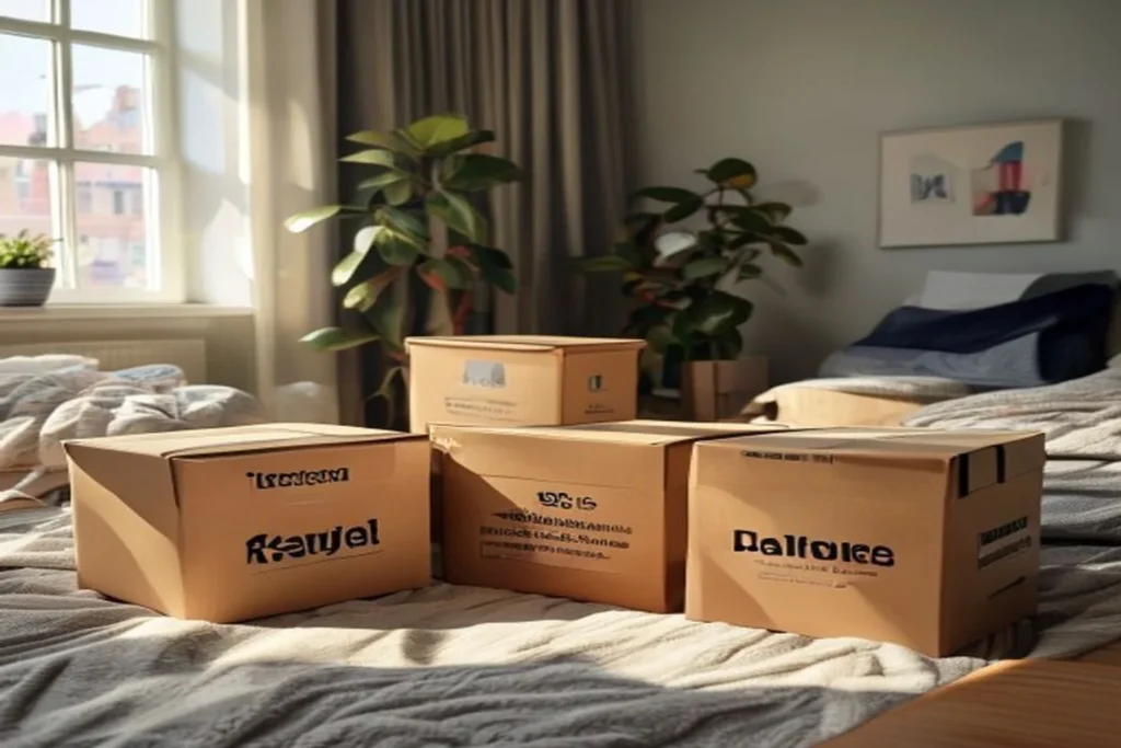 Three labeled boxes (Keep, Donate, Trash) on apartment floor with items being sorted, decluttering in progress
