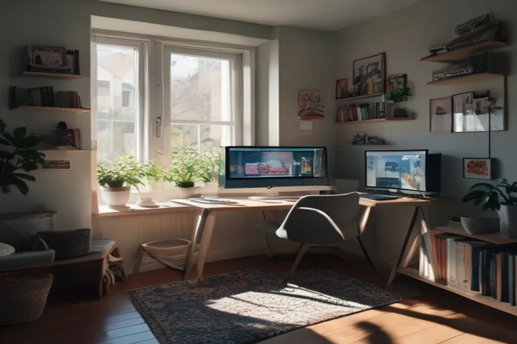 Minimal work from home corner setup in small apartment with monitor at eye level and small rug defining work zone