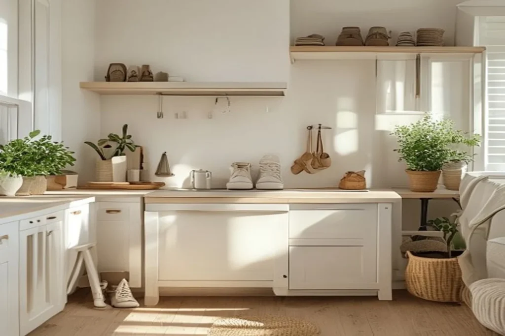 A tidy small studio apartment with a clear kitchen counter, an empty sink, and shoes neatly placed by the front door.