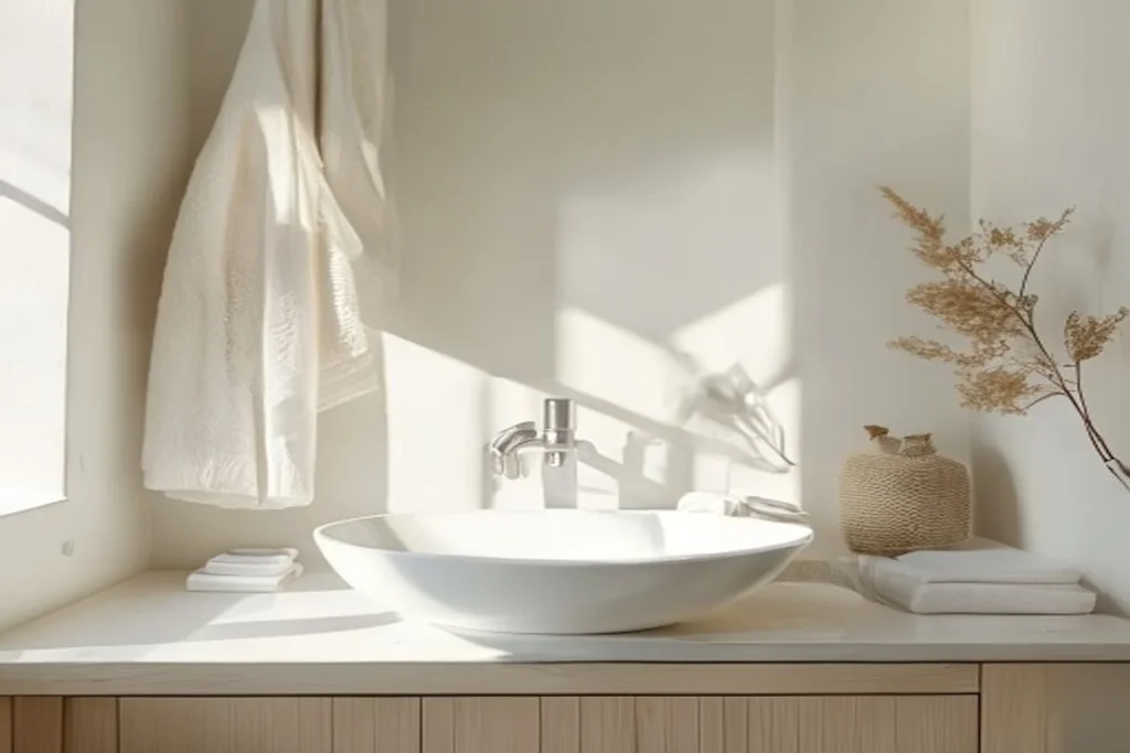 A small, tidy rental bathroom with a clear counter, a wiped white sink and faucet, and a towel hung neatly on a bar.