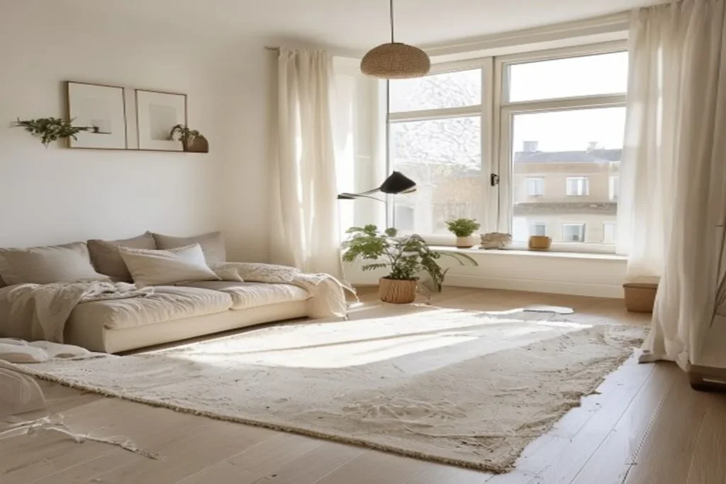 A small apartment living room with a scuffed original floor covered by a large neutral area rug and floating vinyl planks