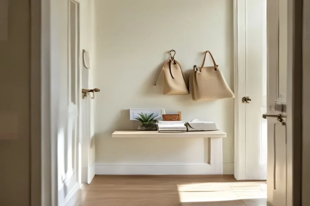 A tidy entryway drop zone by an apartment door with wall hooks holding keys and a tote bag, plus a shallow tray for mail