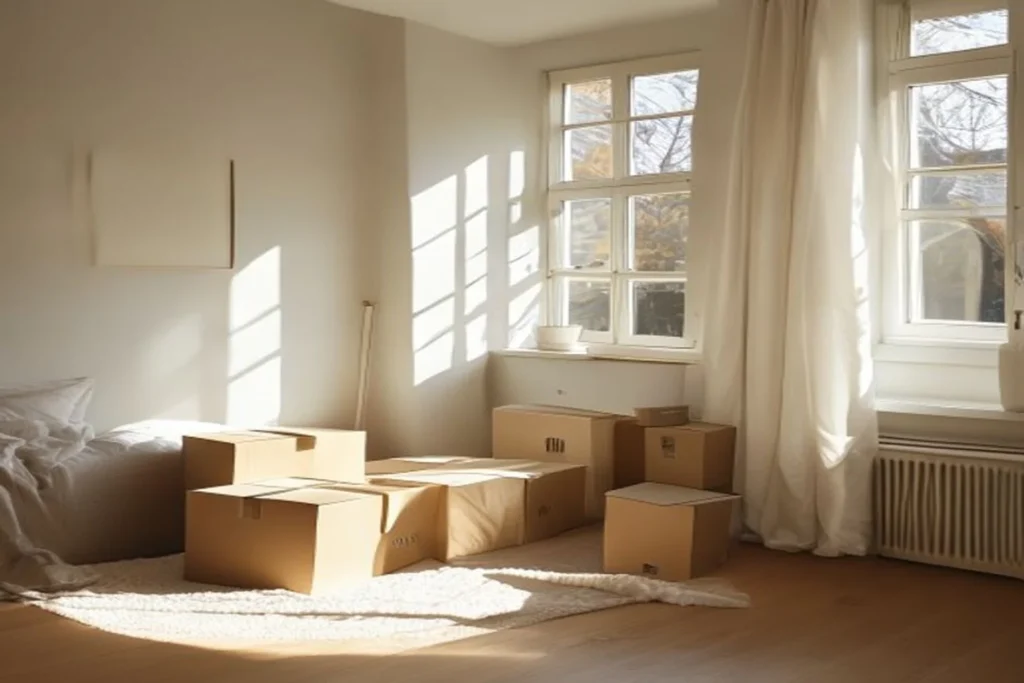 A newly moved-in small apartment with a few labeled cardboard boxes against the wall and a freshly made bed near a sunny window