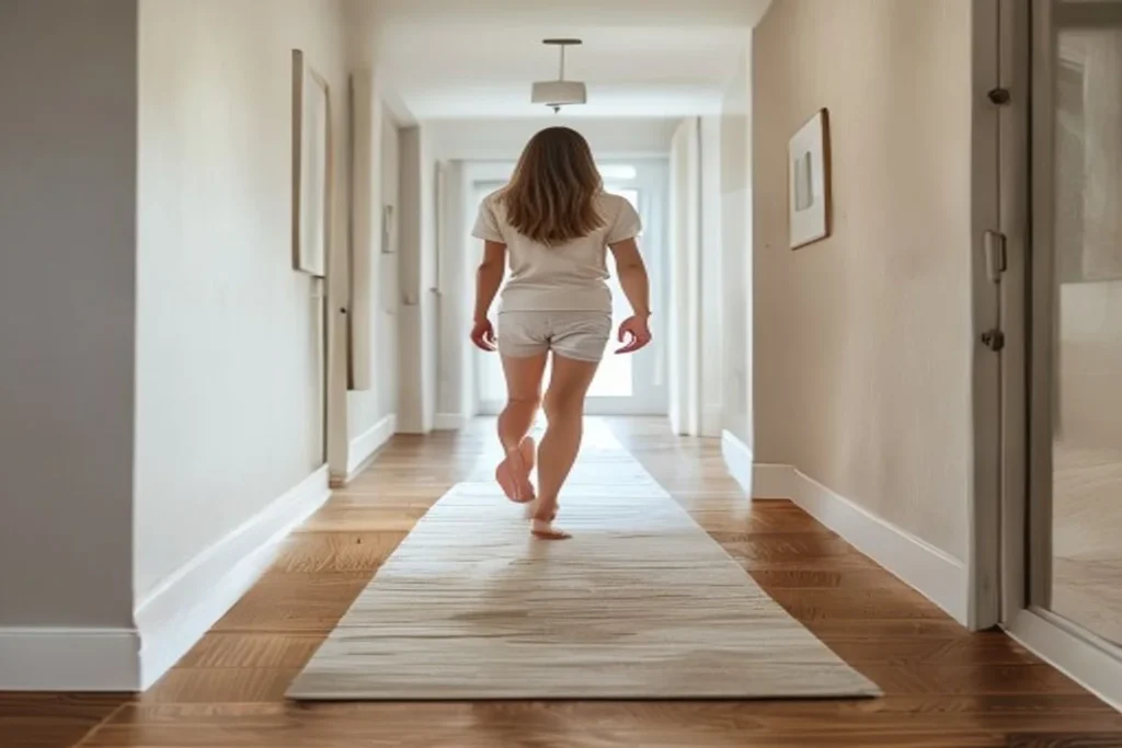 Person standing barefoot on a wood-floor apartment hallway with a runner rug over a squeaky spot