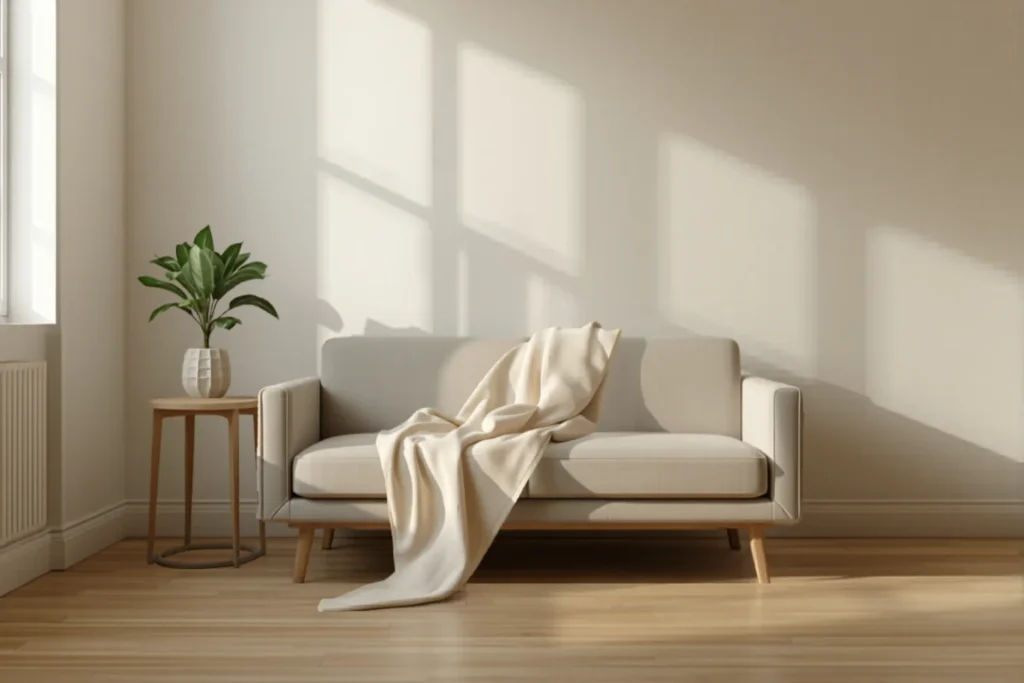 Calm freshly tidied small apartment living room with clear surfaces and a folded throw on the sofa, natural light