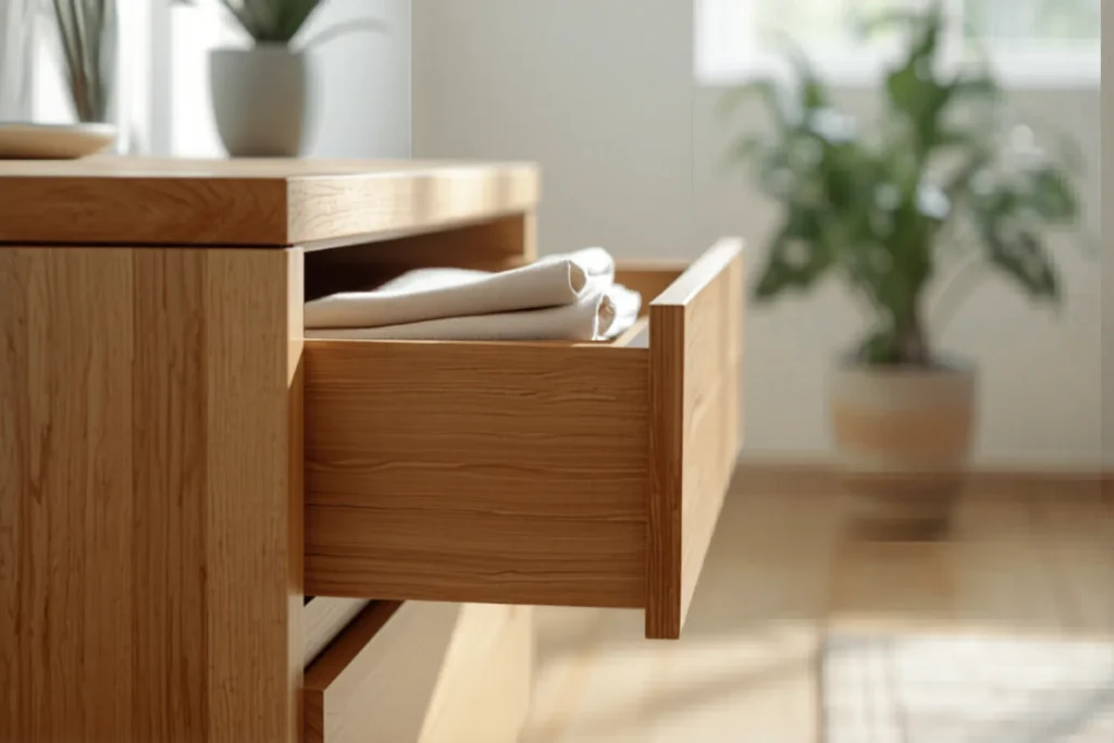Close-up of a wooden dresser with one drawer pulled half open showing neatly folded items, bright minimal bedroom, natural light