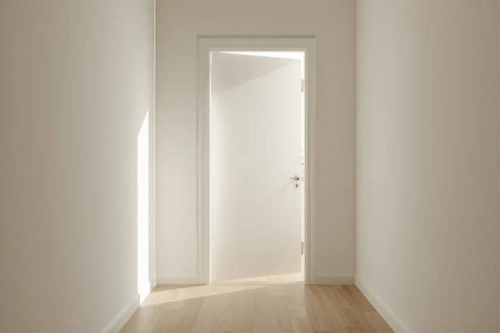 A light interior door slightly ajar in a bright minimal apartment hallway with a clean wall, soft natural light