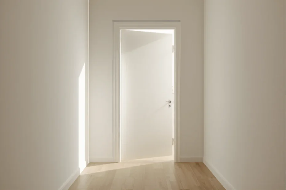A light interior door slightly ajar in a bright minimal apartment hallway with a clean wall, soft natural light