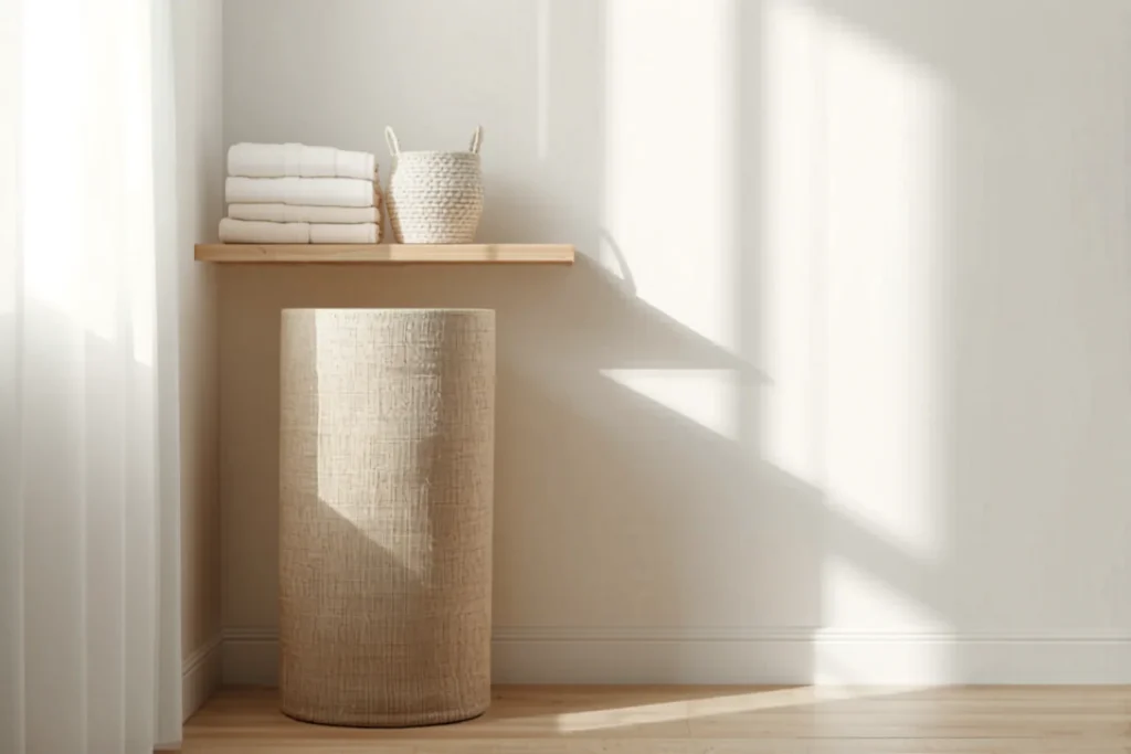 Tidy small apartment laundry corner with a tall narrow hamper, neatly folded towels on a shelf and a basket, natural light