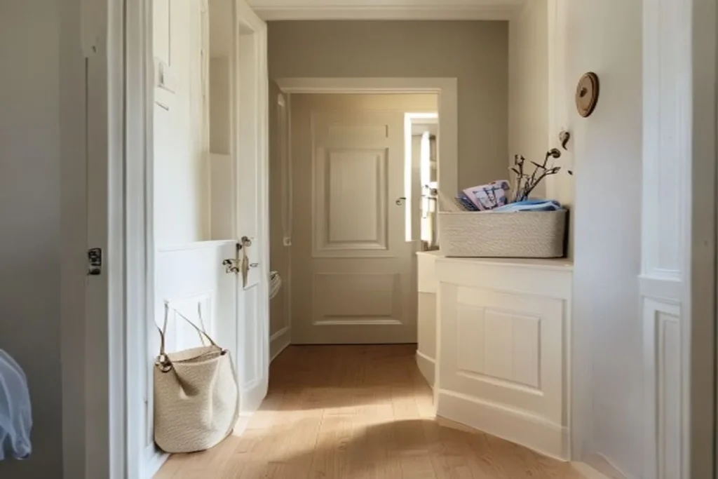 A small apartment entryway with a reusable outbox bag by the door holding items ready to donate.