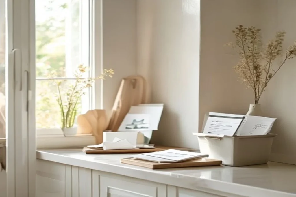 A small entryway tray on a kitchen counter holding neatly sorted mail and envelopes next to a recycling bin.