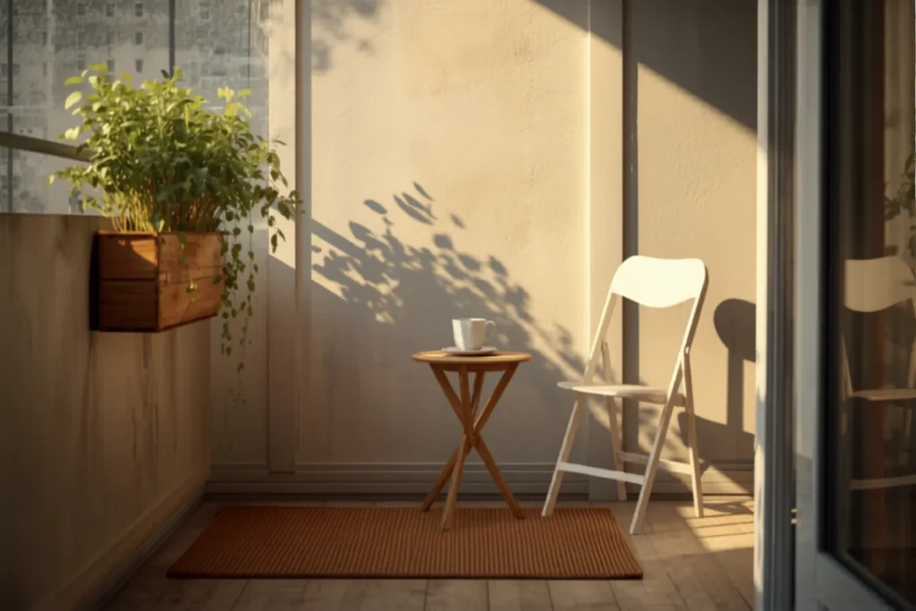 Cozy tiny apartment balcony with one foldable chair, a small side table, a rail planter and an outdoor rug, warm light