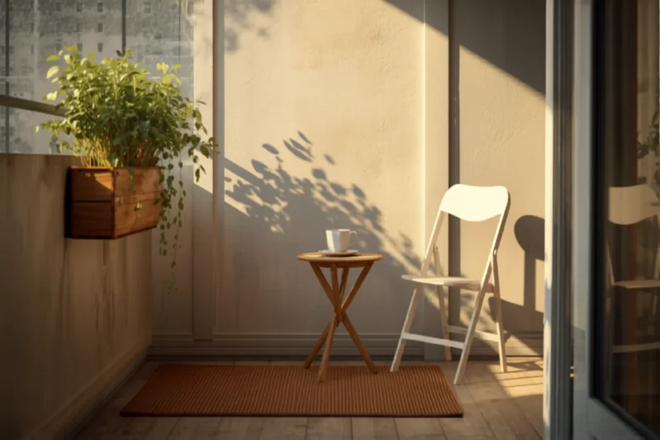 Cozy tiny apartment balcony with one foldable chair, a small side table, a rail planter and an outdoor rug, warm light