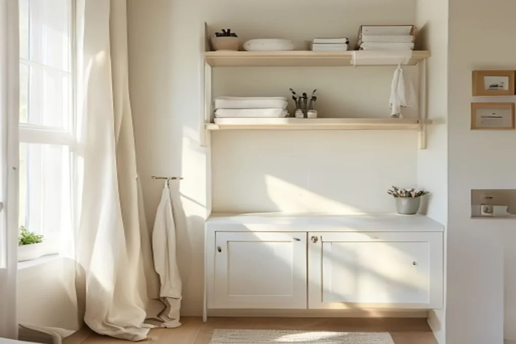 A small rental bathroom with an over-the-toilet shelf unit, an over-the-door rack, and a clear, organized counter.