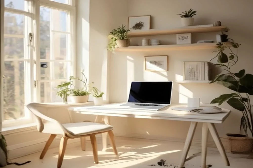 A compact corner desk in a sunlit studio apartment with a laptop, a floating shelf above, and a chair tucked by a window.