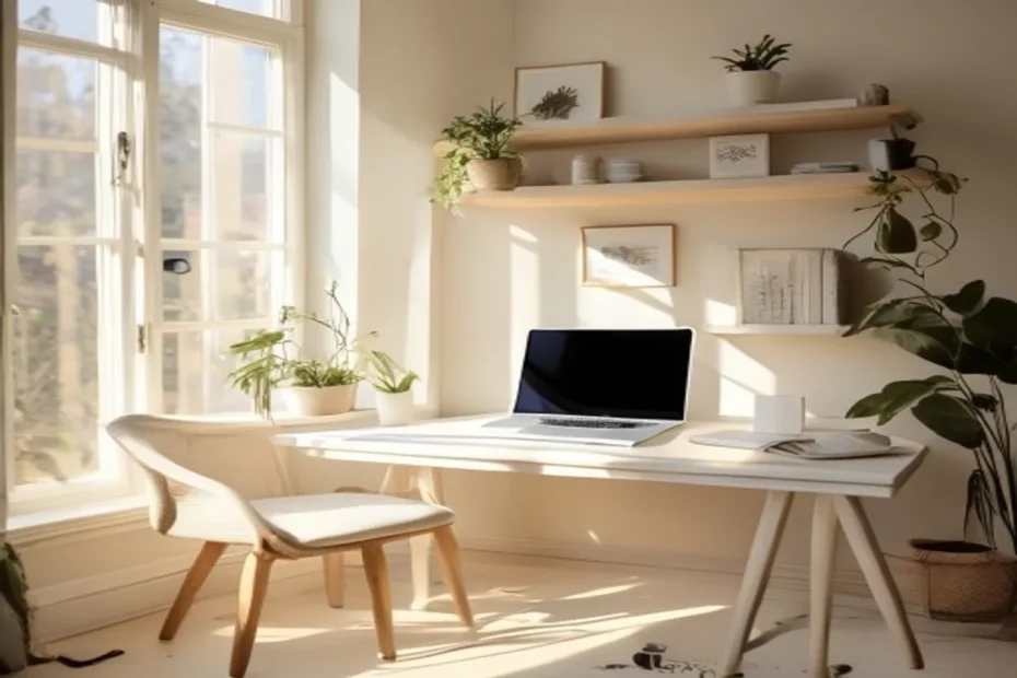 A compact corner desk in a sunlit studio apartment with a laptop, a floating shelf above, and a chair tucked by a window.