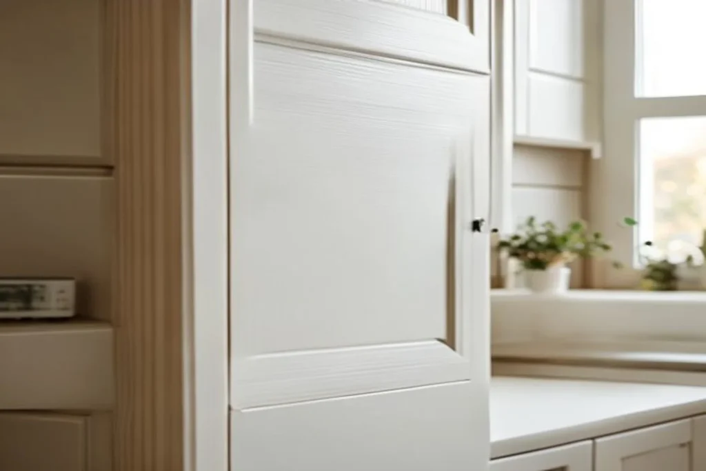 A close-up of a kitchen cabinet door being closed gently, with a small clear bumper pad on the inside edge where it meets the frame.