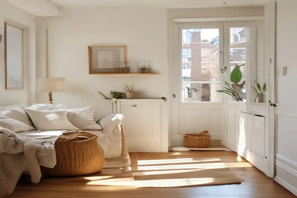 A small, tidy apartment living room on a calm Sunday with clear surfaces and a reset basket by the door.
