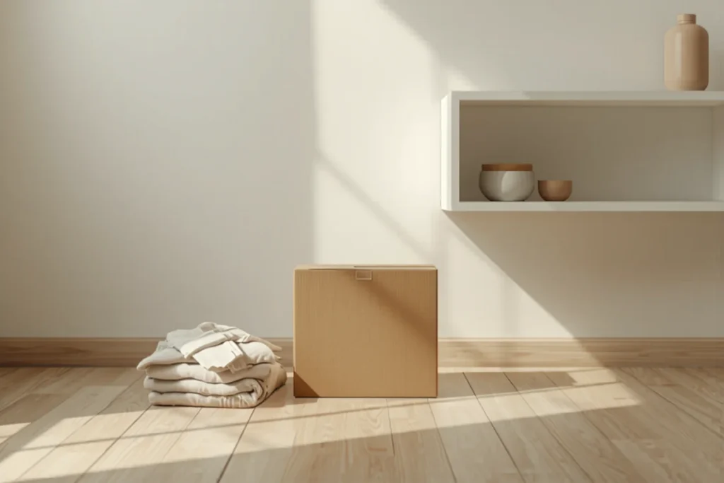A small cardboard donation box with a few household items beside a tidy shelf in a bright minimal apartment, natural light