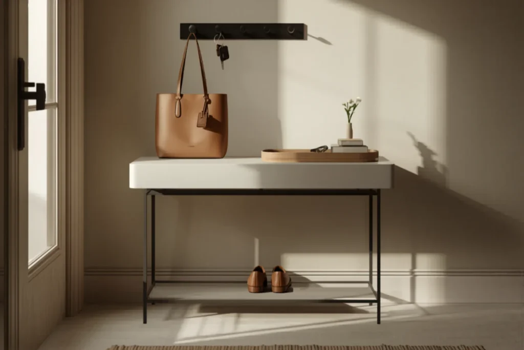 Tidy small apartment entryway with a wall hook holding keys and a bag, a tray on a console and shoes on a low rack