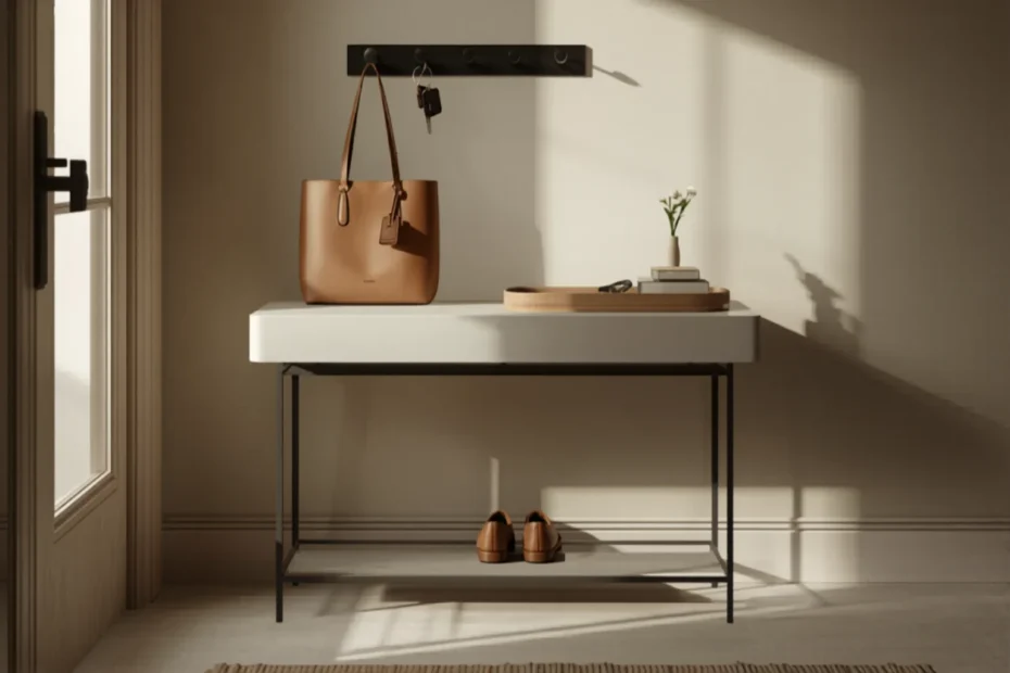 Tidy small apartment entryway with a wall hook holding keys and a bag, a tray on a console and shoes on a low rack