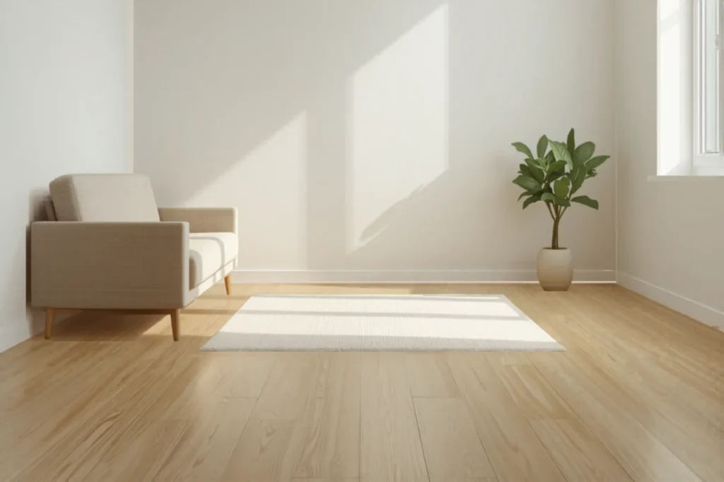 Bright tidy small apartment living room with a clear light wooden floor, low sofa and a small rug, natural light