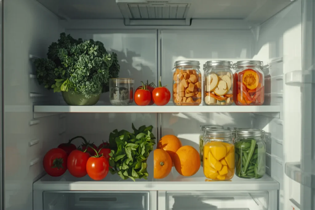 An open well-organized refrigerator with neatly arranged fresh produce, glass containers and labeled jars, bright light