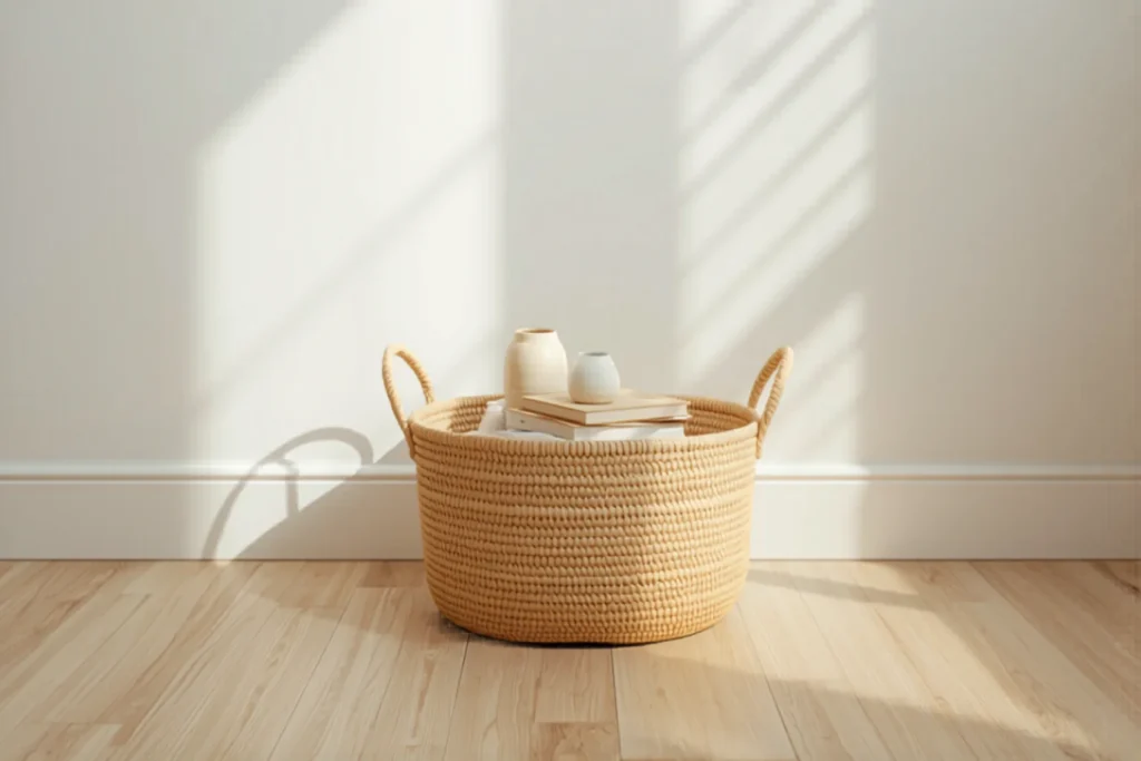 A simple woven storage basket on a light wooden floor in a tidy minimal apartment, holding a few items, natural light