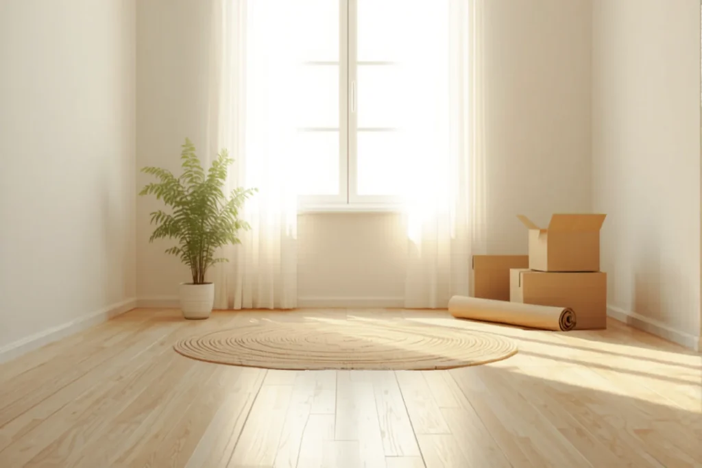 A nearly empty new apartment on moving day with a few cardboard boxes, a rolled rug and a plant by a bright window