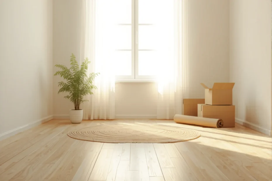 A nearly empty new apartment on moving day with a few cardboard boxes, a rolled rug and a plant by a bright window