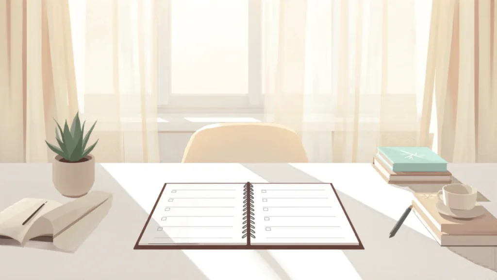 Open weekly planner on a desk with a small potted plant and a stack of books