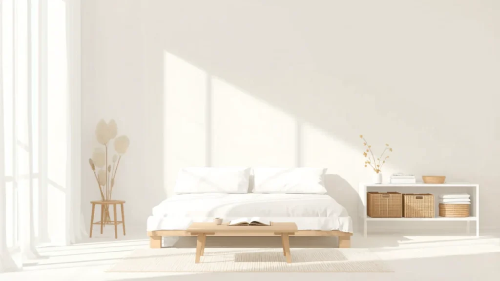 Minimal small bedroom with a low bed and storage baskets on an open shelf