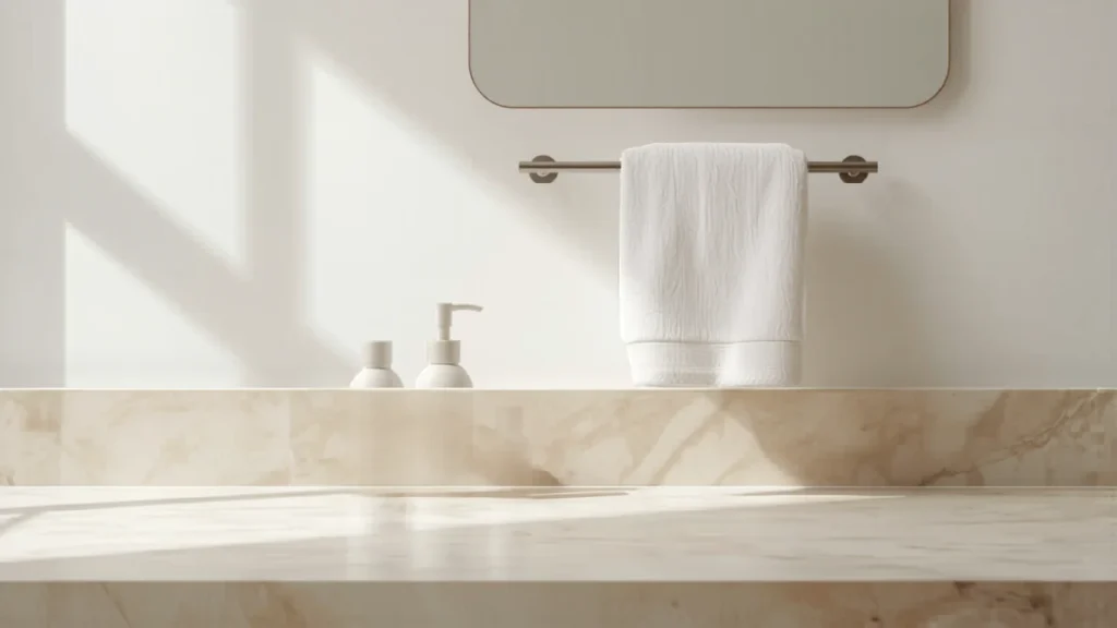 Small bathroom with a white towel on a towel bar above a marble counter